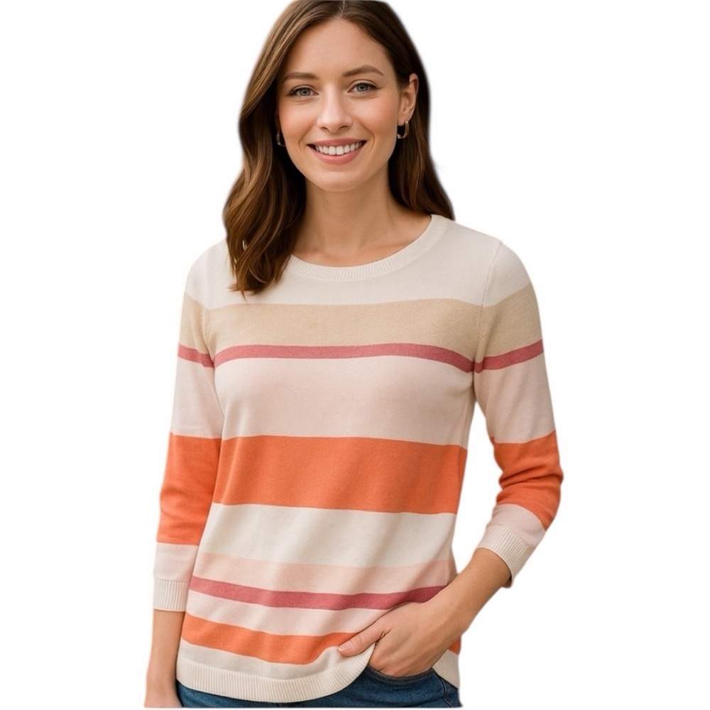 Talbots Womens striped cotton blend 3/4 length sleeve lightweight sweater Size M
